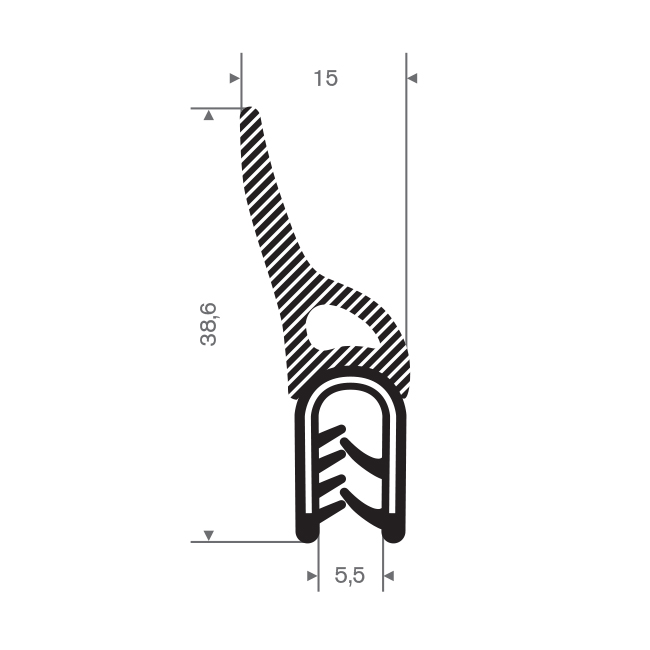 PVC/Mosrubber klemprofiel 1,5-3,5mm / BxH=15x38,6mm (L=50m)