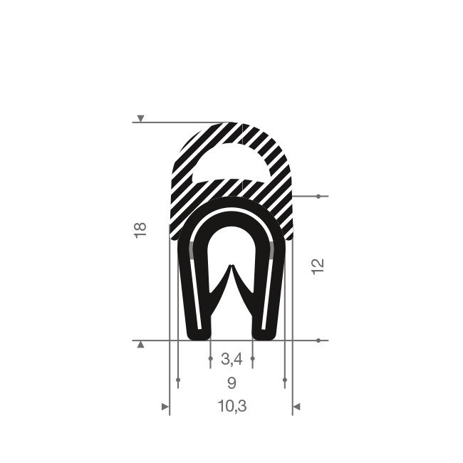 PVC/Mosrubber klemprofiel 1,5-3mm / BxH=10,3x18mm (L=50m)