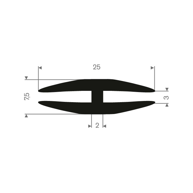 Rubber H-profiel 3/3mm (25x7,5mm) (L=50m)