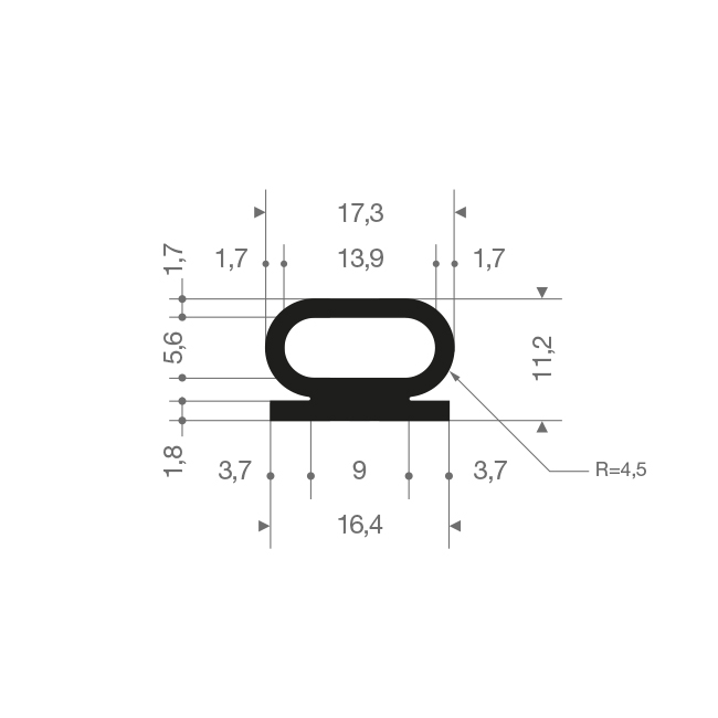 Siliconen omega profiel zwart BxH=17,3x11,2mm (L=50m)