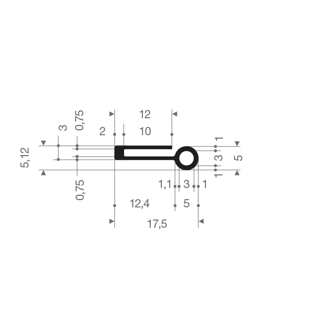 Siliconen U-profiel met kraal BxH=17x5mm (L=100m)
