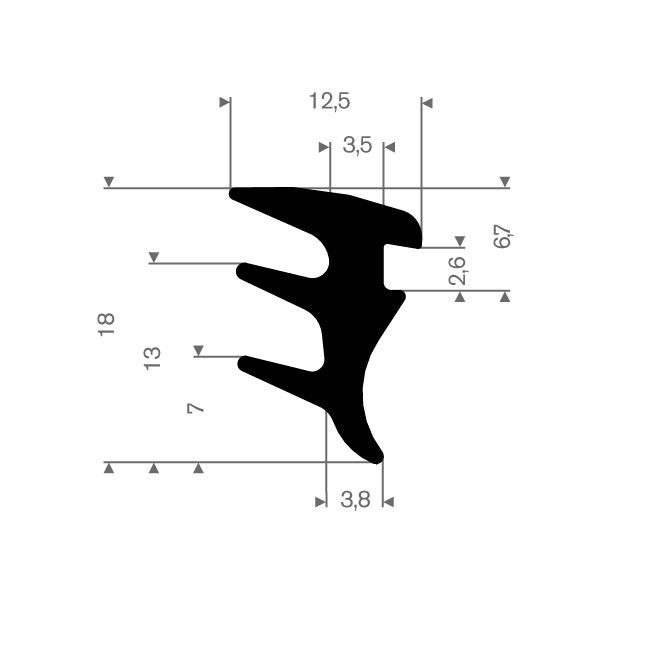 Volrubber carrosserieprofiel BxH=12,5x18mm (L=100m)