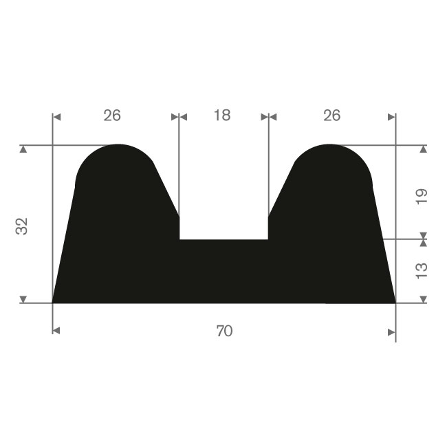 Volrubber fenderprofiel BxH= 70x32mm (L=15m)