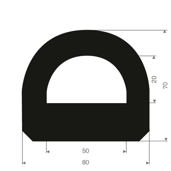 Volrubber fenderprofiel rond BxH= 80x70mm (L=10m)