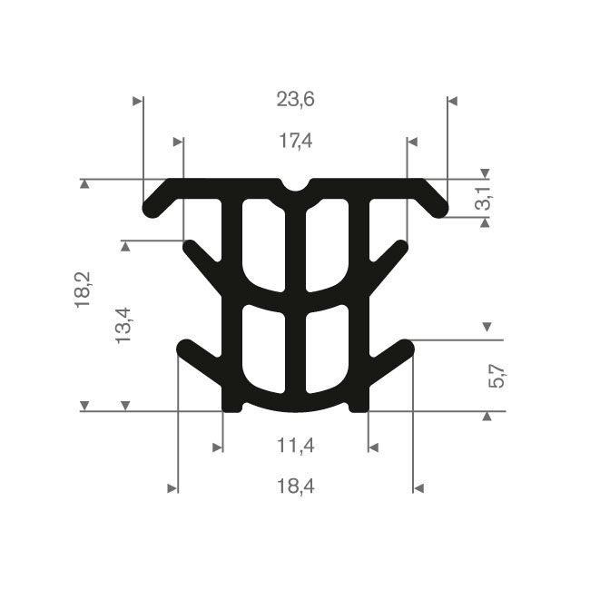 Volrubber T-profiel BxH=23,6x18,2mm (L=75m)