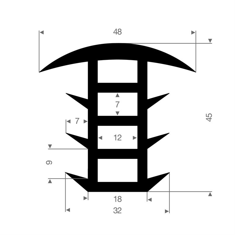 Volrubber T-profiel BxH=48x45mm (L=25m)