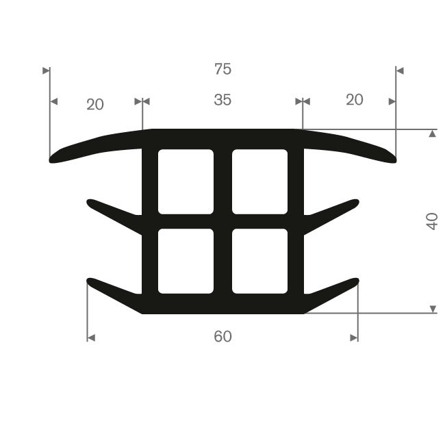 Volrubber T-profiel BxH= 60x40mm (L=25m)