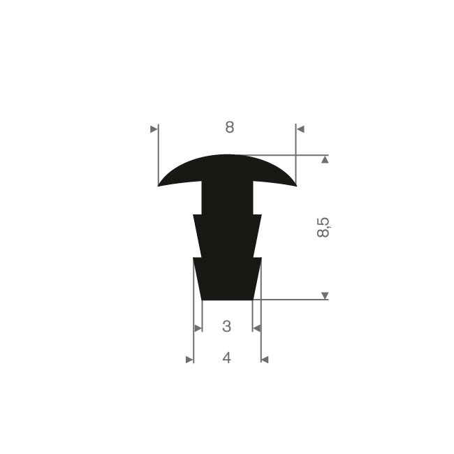 Volrubber T-profiel BxH=8x8,5mm (L=100m)