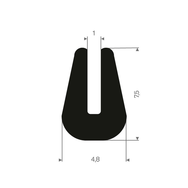 Volrubber U-profiel 1mm / BxH=4,8x7,5mm (L=200m)