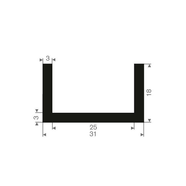 Volrubber U-profiel 25mm / BxH=31x18mm (L=25m)