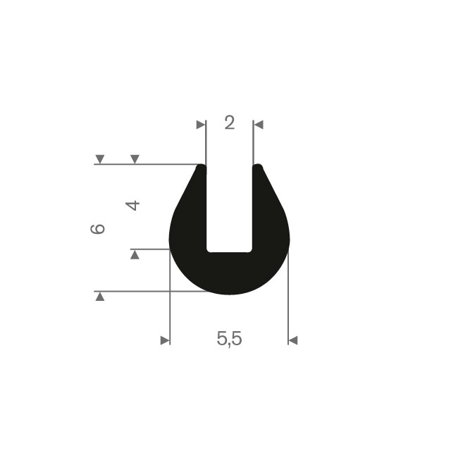 Volrubber U-profiel 2mm / BxH=5,5x6mm (L=200m)