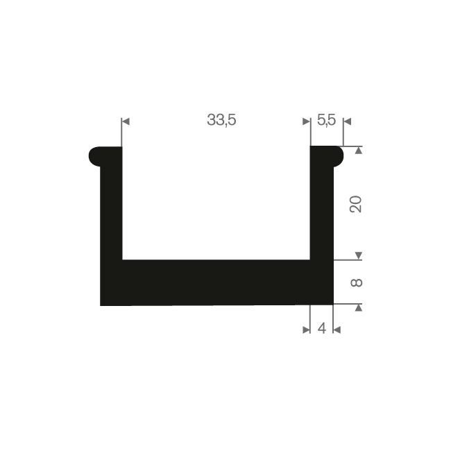 Volrubber U-profiel 33,5mm / BxH= 44,5x28mm (L=25m)