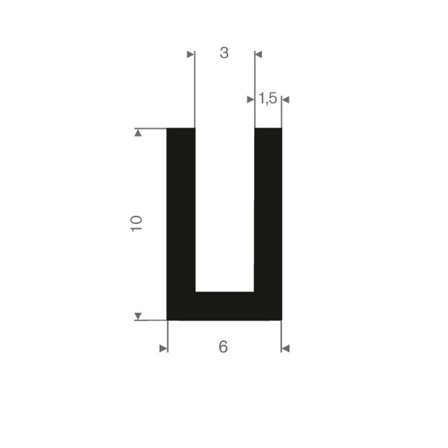 Volrubber U-profiel 3mm / BxH=6x10mm (L=100m)