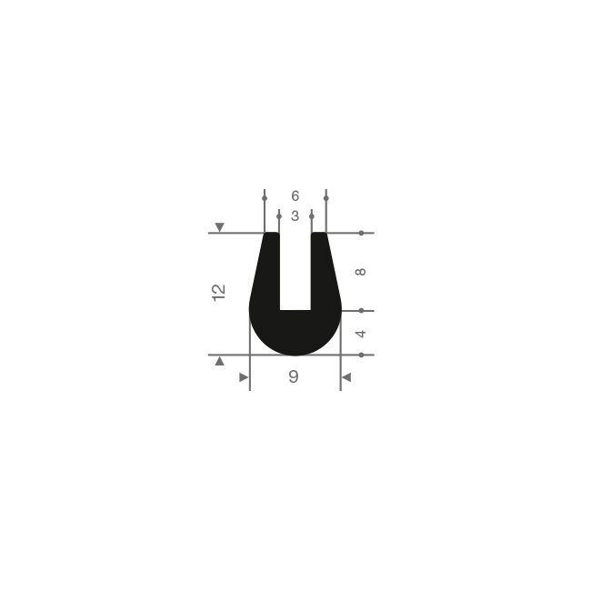 Volrubber U-profiel 3mm /BxH=9x12mm (L=50m)