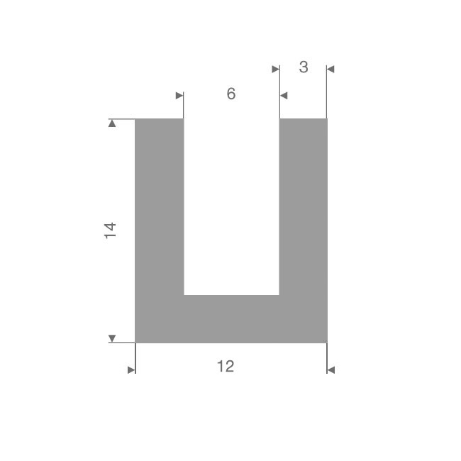 Volrubber U-profiel grijs 6mm / BxH= 12x14mm (L=25m)